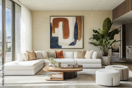 modern minimalist living room, large white sectional sofa, abstract circular artwork, potted fiddle leaf fig plant, floor-to-ceiling windows, warm neutral color palette, terracotta accent pillows, cur photo