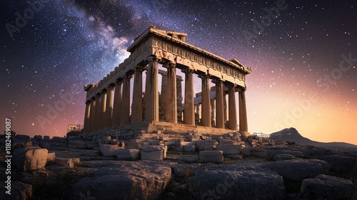 Ancient Greek temple at night under starry sky.