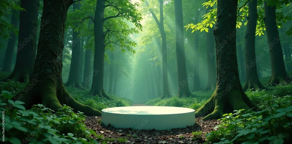 A solitary, isolated white round podium in the heart of a dense forest, , eerie, green A solitary, isolated white round podium in the heart of a dense forest, , eerie, green