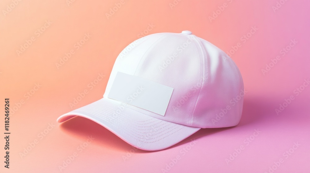 Fototapeta premium White baseball cap with blank label on pink background.