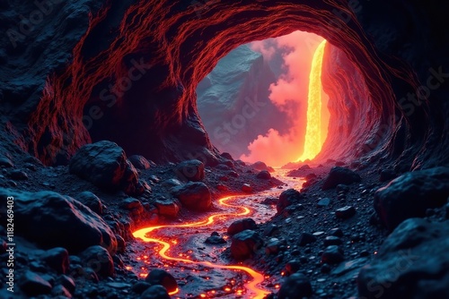 Lava flows through a dark and mysterious cave, dark, ash falls, volcanic photo