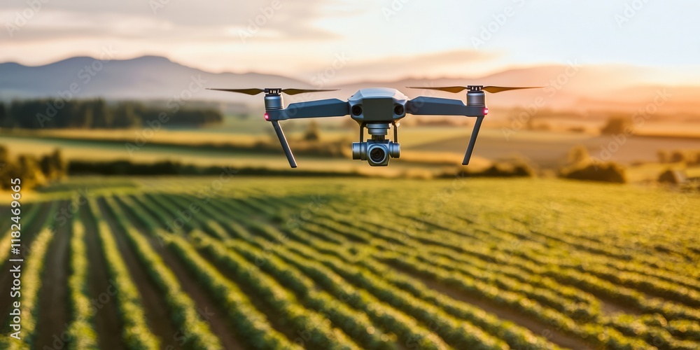 Fototapeta premium Drone flying over vast agricultural fields at sunset