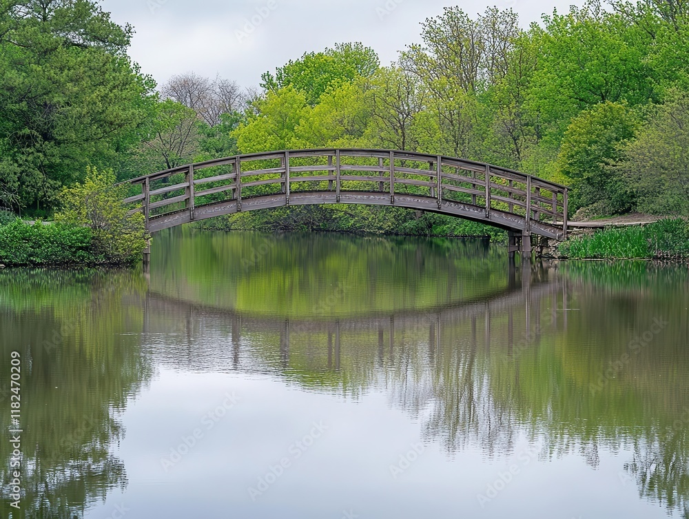 tranquil wooden bridge over calm water landscape with natural reflection - serene outdoor scene in panoramic format tranquil wooden bridge over calm water landscape with natural reflection - serene outdoor scene in panoramic format