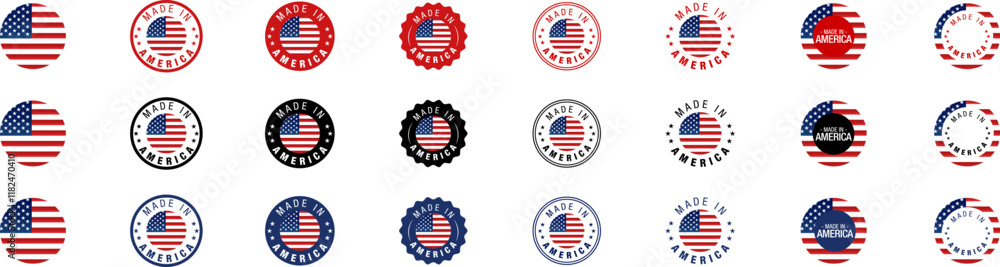 Made in USA logo or round label set. USA round badge with American flag. Vector illustration.