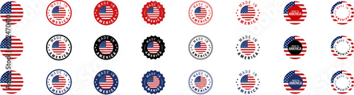 Obraz na płótnie Made in USA logo or round label set. USA round badge with American flag. Vector illustration. w salonie