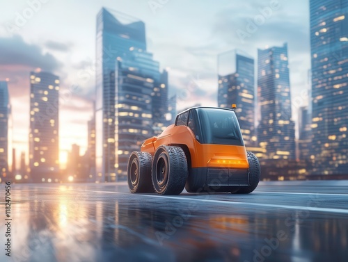 ultra-modern smart road construction robot applying intelligent pavement material in futuristic megalopolis with gleaming skyscrapers at sunset