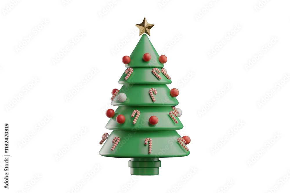 A minimalist 3D render of a green Christmas tree adorned with candy canes and baubles against a black backdrop. background removed A minimalist 3D render of a green Christmas tree adorned with candy canes and baubles against a black backdrop. background removed