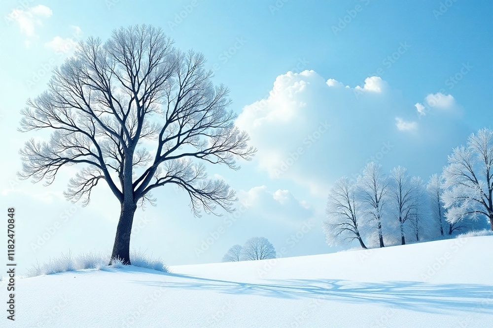 Bare tree branches etched against the pale blue sky and white snow, etching, serene Bare tree branches etched against the pale blue sky and white snow, etching, serene