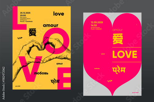 Simple and bold design featuring hand-drawn heart gesture with vibrant yellow and pink "LOVE" text and multilingual word art. Eye-catching style.