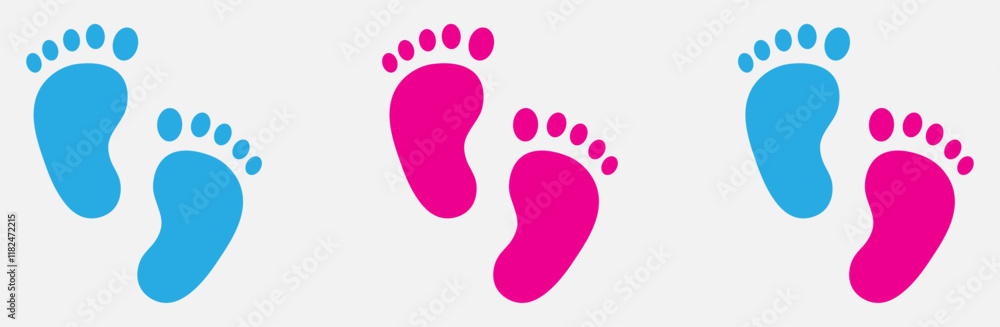 Baby footsteps vector set. Boy and girl footprints pink and blue color isolated on a white background. Pairs of pink and blue footprints. Flat style. Vector illustration.
