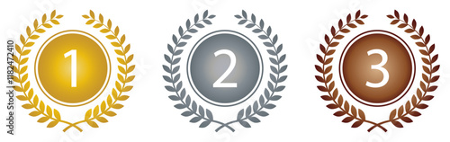 Set of rank emblems. First, second and third place award in laurel wreath icon. Gold, silver and bronze laurel wreath. Winner medal award set. 1, 2, 3 place. Flat design. Vector illustration.