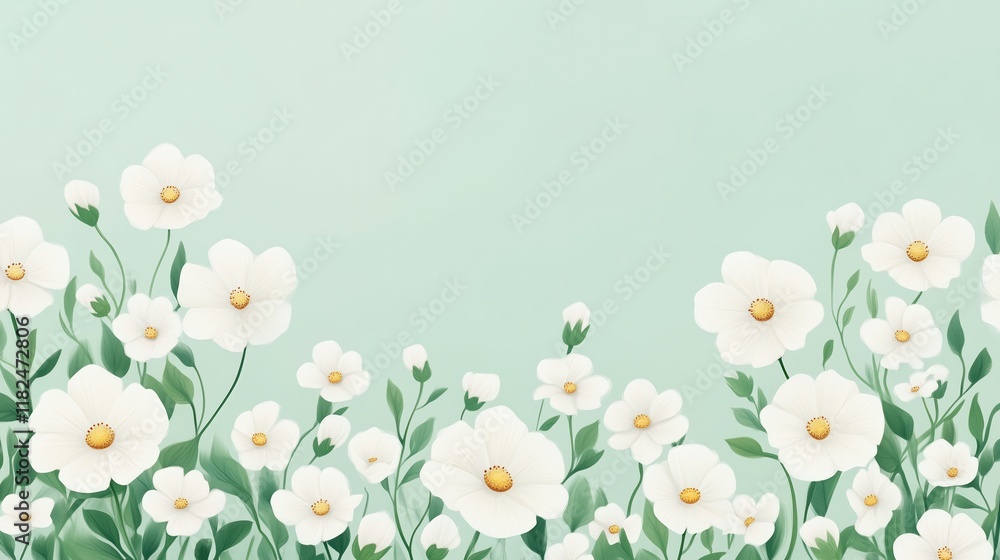 Delicate Fresh White Flowers on Light Mint Green Background with Gentle Floral Arrangement and Soft Petals Design for Spring and Nature Inspired Themes Delicate Fresh White Flowers on Light Mint Green Background with Gentle Floral Arrangement and Soft Petals Design for Spring and Nature Inspired Themes