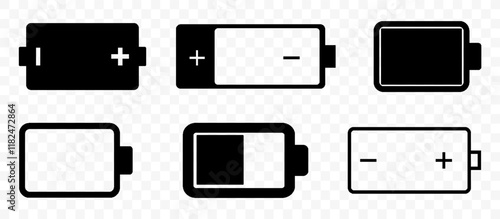 Set of Six Battery Icons Representing Different Charge Levels and Polarities in Black and White