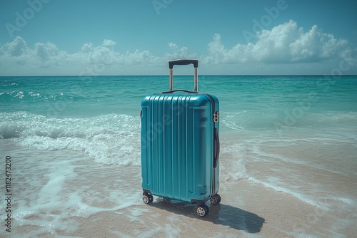 Turquoise suitcase standing on tropical beach shore with gentle waves and blue sky – ideal for vacation ads, travel agency marketing, and getaway lifestyle content