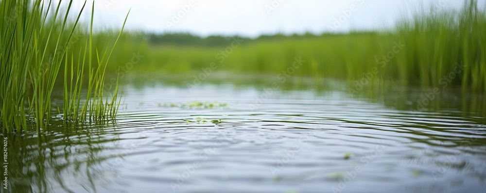 Calm Rippling Water with Lush Green Grass Surrounding Calm Rippling Water with Lush Green Grass Surrounding