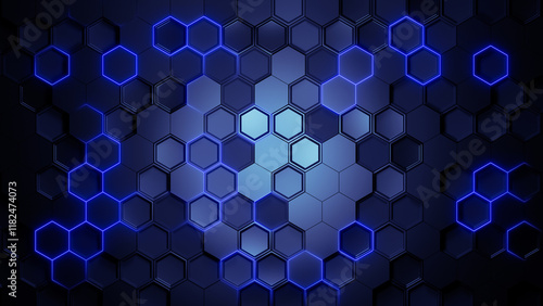 Fototapeta Naklejka Na Ścianę i Meble -  3d abstract blue futuristic background with hexagon pattern with light rays.