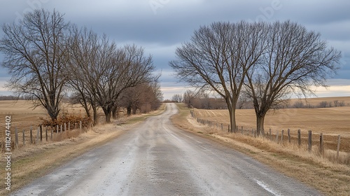 Country Road Winding Through Bare Winter Fields