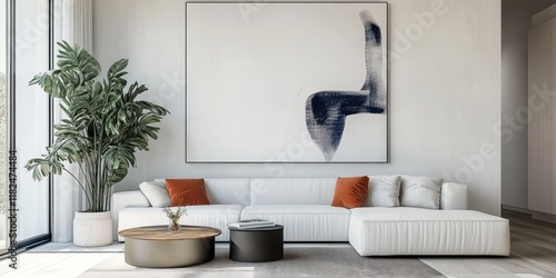 modern minimalist living room, large white sectional sofa, abstract circular artwork, potted fiddle leaf fig plant, floor-to-ceiling windows, warm neutral color palette, terracotta accent pillows, cur photo