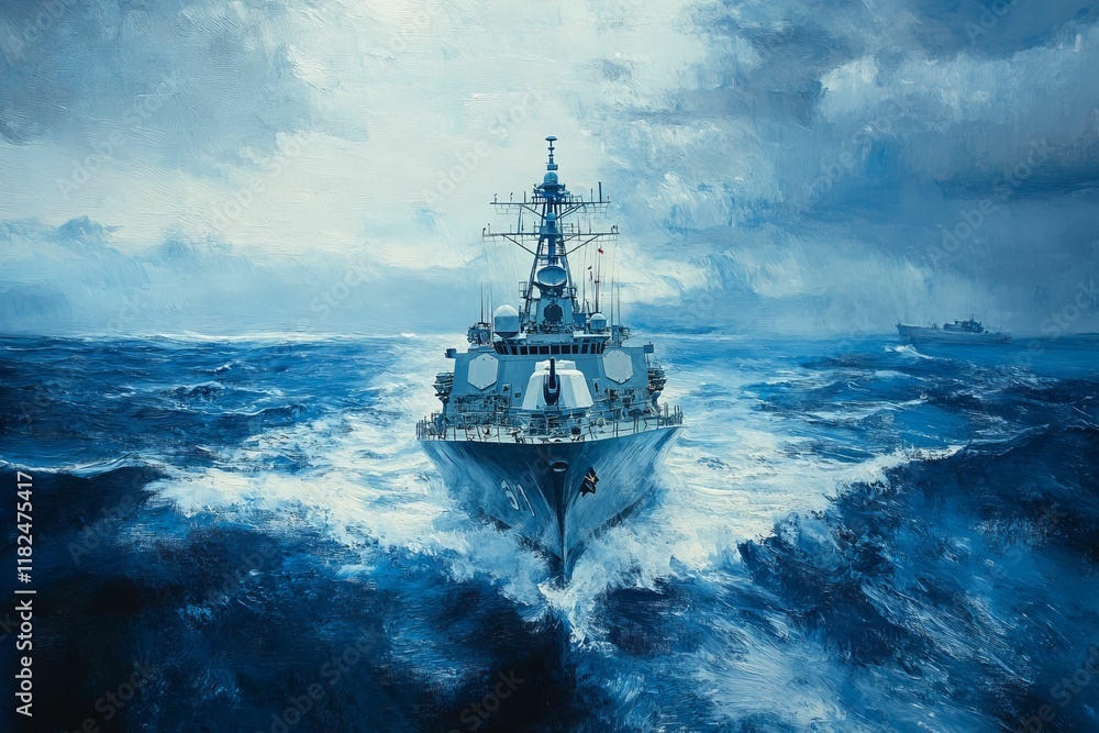 Warship sailing stormy ocean; distant vessel. Warship sailing stormy ocean; distant vessel.