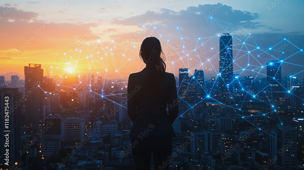 Abstract business woman stands on the peak of success amid tall, innovative Smart city and graphs with statistics to analyze business potential and predict future developments in company growth. Abstract business woman stands on the peak of success amid tall, innovative Smart city and graphs with statistics to analyze business potential and predict future developments in company growth.