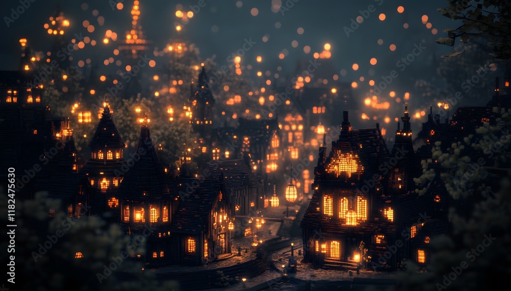 Naklejka premium A serene night view of a charming village illuminated by countless lanterns
