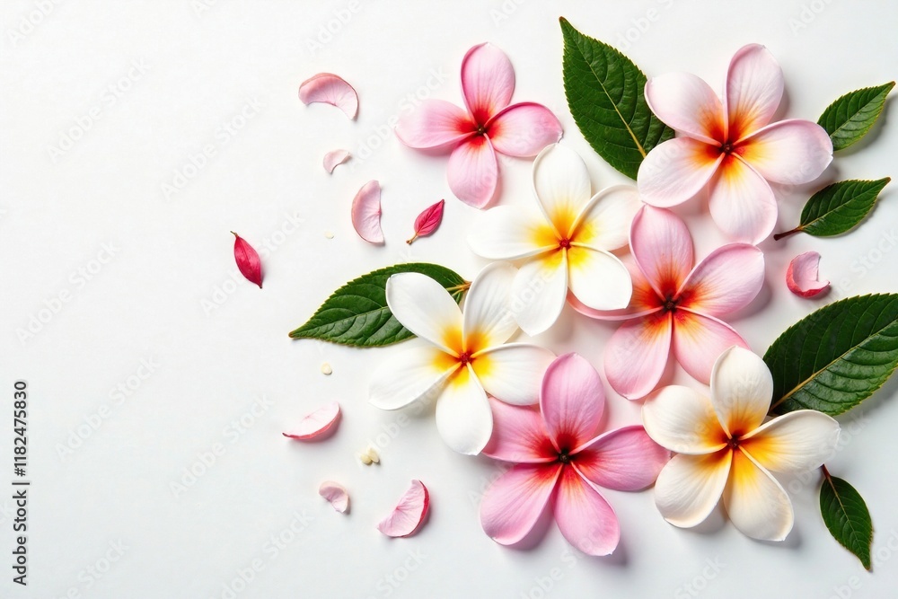 Sprinkle of plumeria leaves on a pure white surface, scatter, floral Sprinkle of plumeria leaves on a pure white surface, scatter, floral