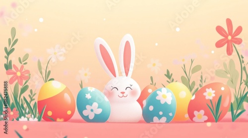 Cute cartoon bunny surrounded by colorful easter eggs and flowers photo