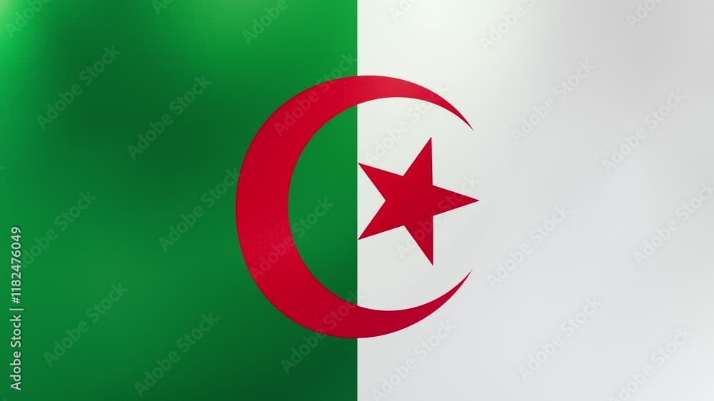A seamless 3D loop animation of the flag of Algeria waving gently in the wind. High-resolution 4K video ideal for patriotic displays, backgrounds, and digital art projects. A seamless 3D loop animation of the flag of Algeria waving gently in the wind. High-resolution 4K video ideal for patriotic displays, backgrounds, and digital art projects.