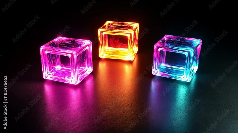 Neon Cubes: A vibrant display of glowing, colorful glass blocks against a dark background. Neon Cubes: A vibrant display of glowing, colorful glass blocks against a dark background.