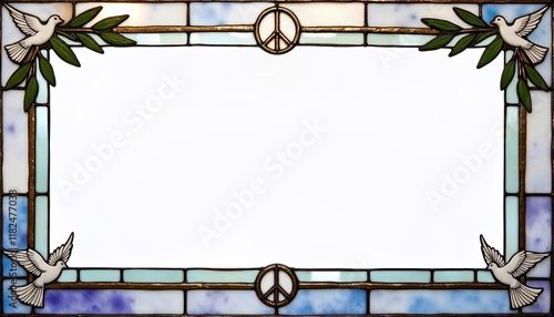 Peace Day stained glass frame with dove and peace symbols on a white background   photo