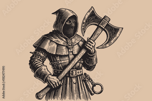 Medieval executioner with axe, woodcut style black  engraving