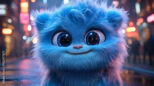 Adorable Blue Furry Creature in City Night