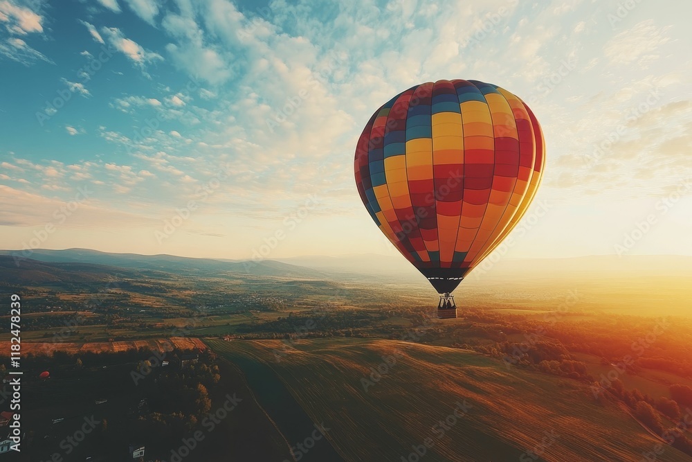 Obraz premium Colorful hot air balloon floats over sunlit landscape.