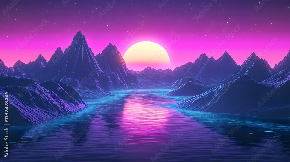 A breathtaking digital landscape showcasing towering mountains under a vibrant sunset A breathtaking digital landscape showcasing towering mountains under a vibrant sunset