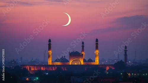 Crescent moon over mosque at twilight photo