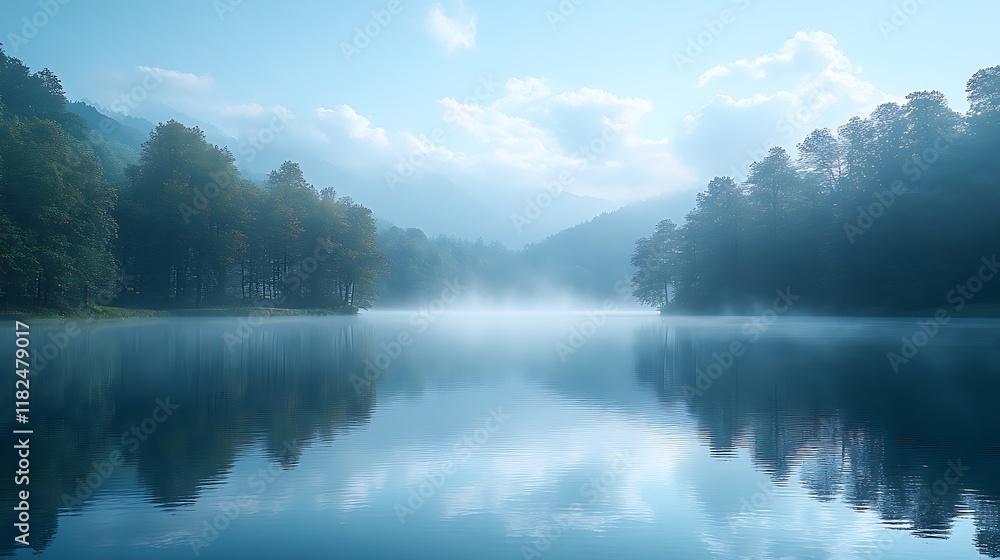 Fototapeta premium Serene Mountain Lake Mist Shrouds Trees