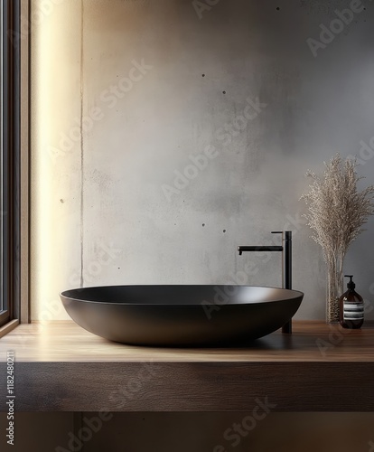 Modern minimalist bathroom, stone basin sink, wooden countertop, metallic wall texture, industrial chic, matte black faucet, ambient lighting, sleek design, neutral tones, luxury spa aesthetic, Japane