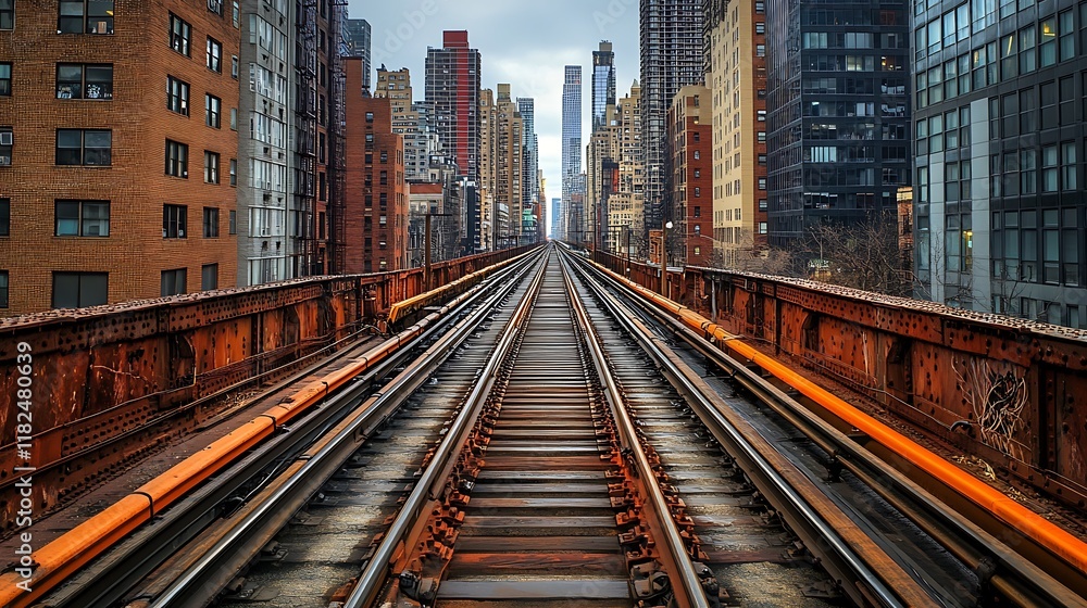 Obraz premium Elevated Train Tracks Through City Buildings