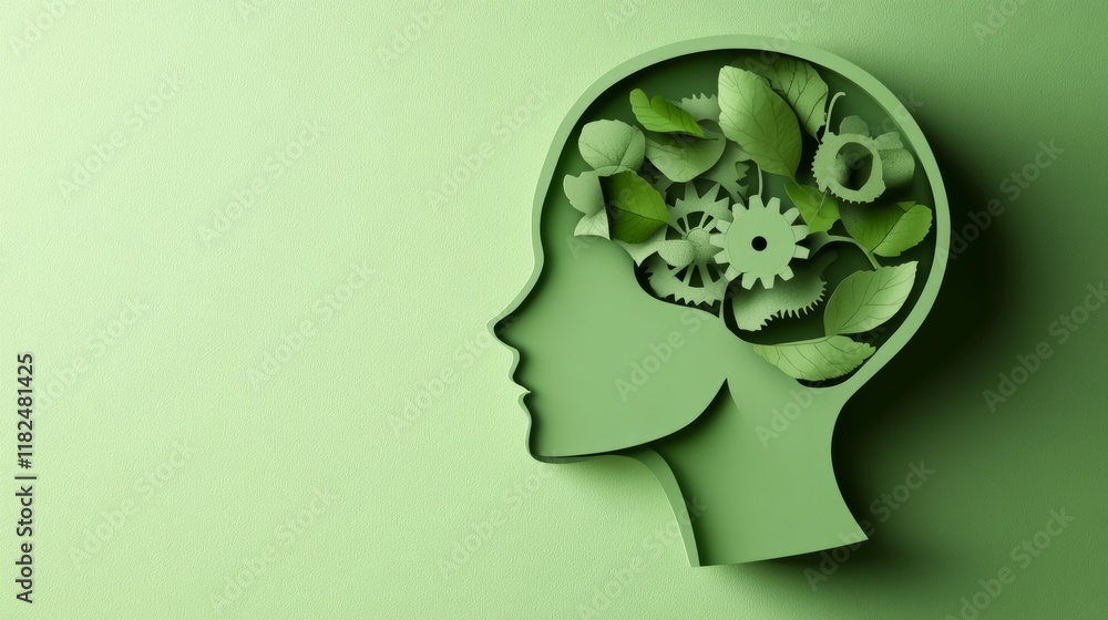 Green thoughts evoke a world of innovation and sustainability with nature's elements woven into the human mind's silhouette