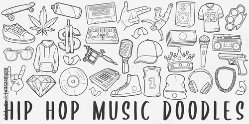 Hip Hop Doodle Icons. Hand Made Line Art. Rap Clipart Logotype Symbol Design.