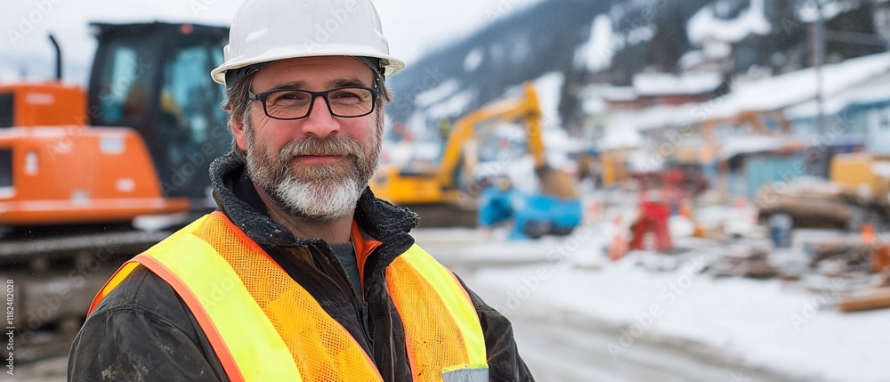 Fototapeta premium Construction worker in winter, snowy site, focused on work, potential for site documentation