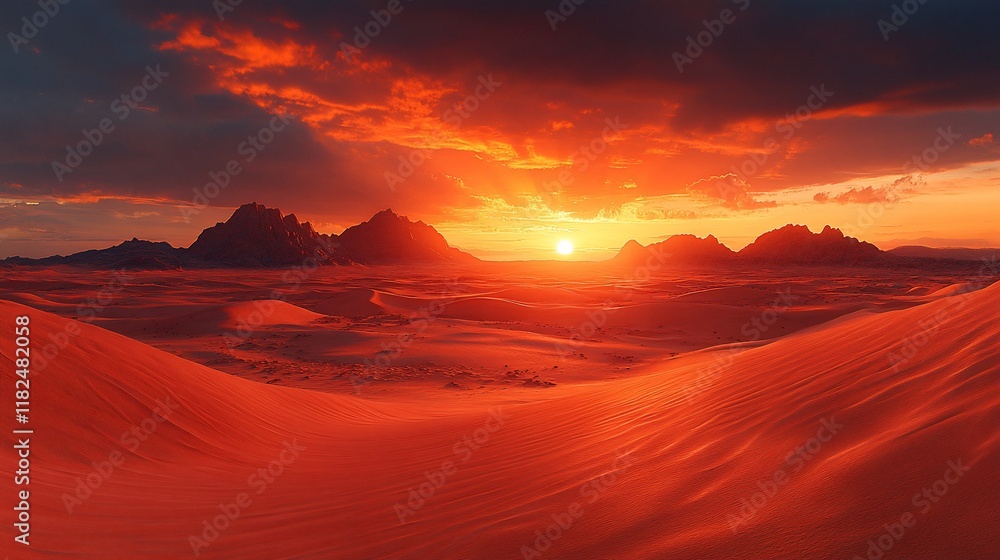 Fiery Sunset Over Desert Sands and Mountains Fiery Sunset Over Desert Sands and Mountains