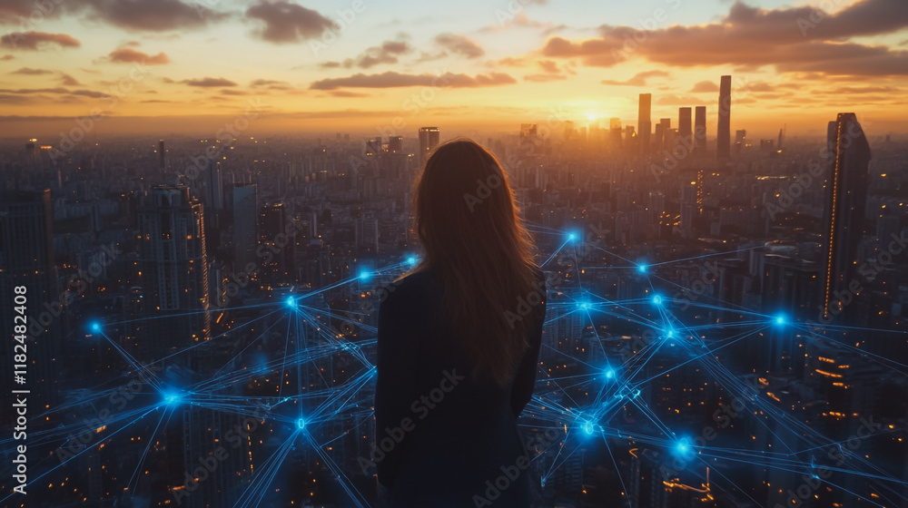 Abstract business woman stands on the peak of success amid tall, innovative Smart city and graphs with statistics to analyze business potential and predict future developments in company growth. Abstract business woman stands on the peak of success amid tall, innovative Smart city and graphs with statistics to analyze business potential and predict future developments in company growth.