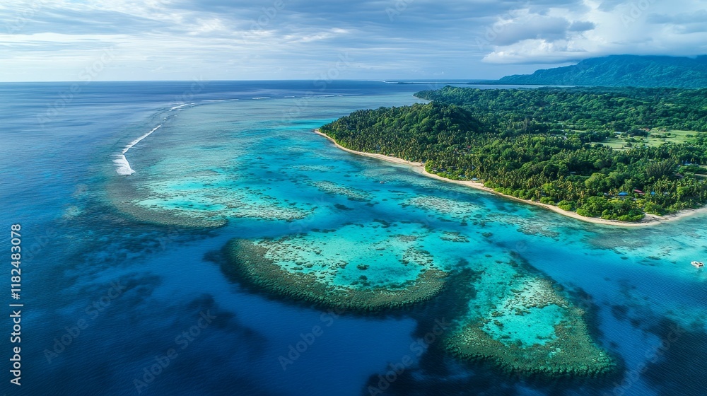 Aerial view: island, reef, ocean, coastline, turquoise. Aerial view: island, reef, ocean, coastline, turquoise.