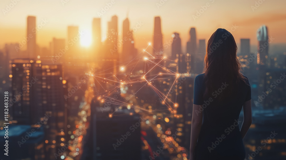 Abstract business woman stands on the peak of success amid tall, innovative Smart city and graphs with statistics to analyze business potential and predict future developments in company growth. Abstract business woman stands on the peak of success amid tall, innovative Smart city and graphs with statistics to analyze business potential and predict future developments in company growth.