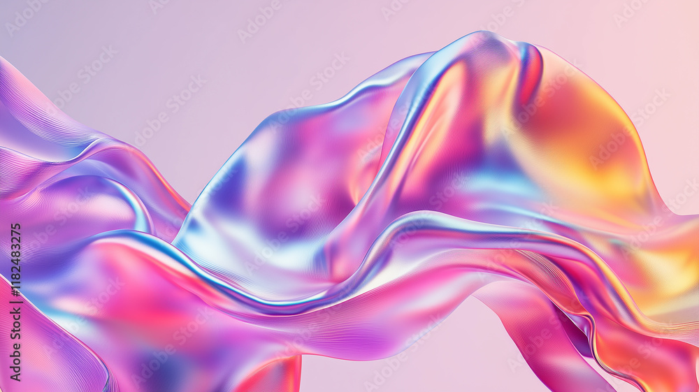 Liquid fluid holographic rainbow horizontal abstract background. Smooth waves of colorful holographic poster. Bright colorful wallpaper. Digital raster bitmap. Photo style. AI artwork.	