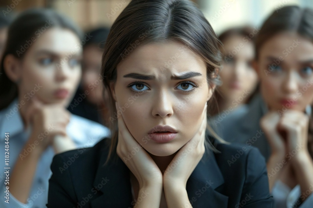 custom made wallpaper toronto digitalclose-up portrait of a young businesswoman looking sad and stressed as she sits in front of her whispering colleagues in an office setting.