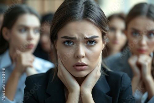 Wallpaper Mural close-up portrait of a young businesswoman looking sad and stressed as she sits in front of her whispering colleagues in an office setting. Torontodigital.ca