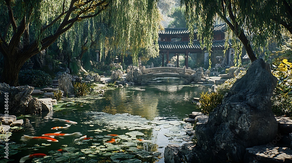 Fototapeta premium Serene Koi Pond Garden Bridge Asian Landscape