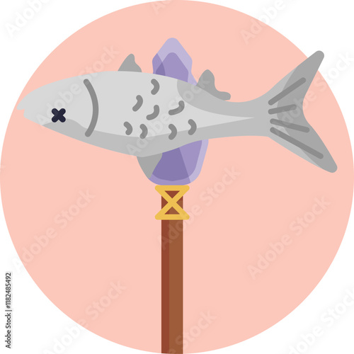 An icon symbolizing early humans using primitive tools like stone hooks or spears for fishing.